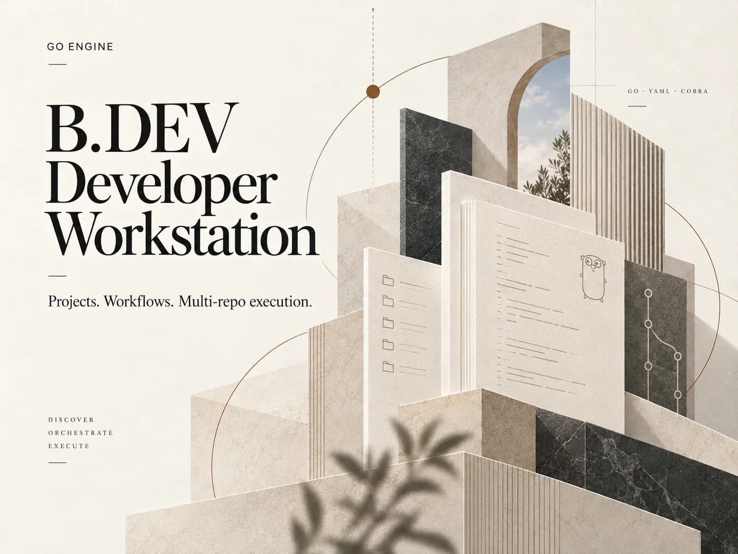 Affiche B.DEV avec titre éditorial, plans de code et architecture modulaire